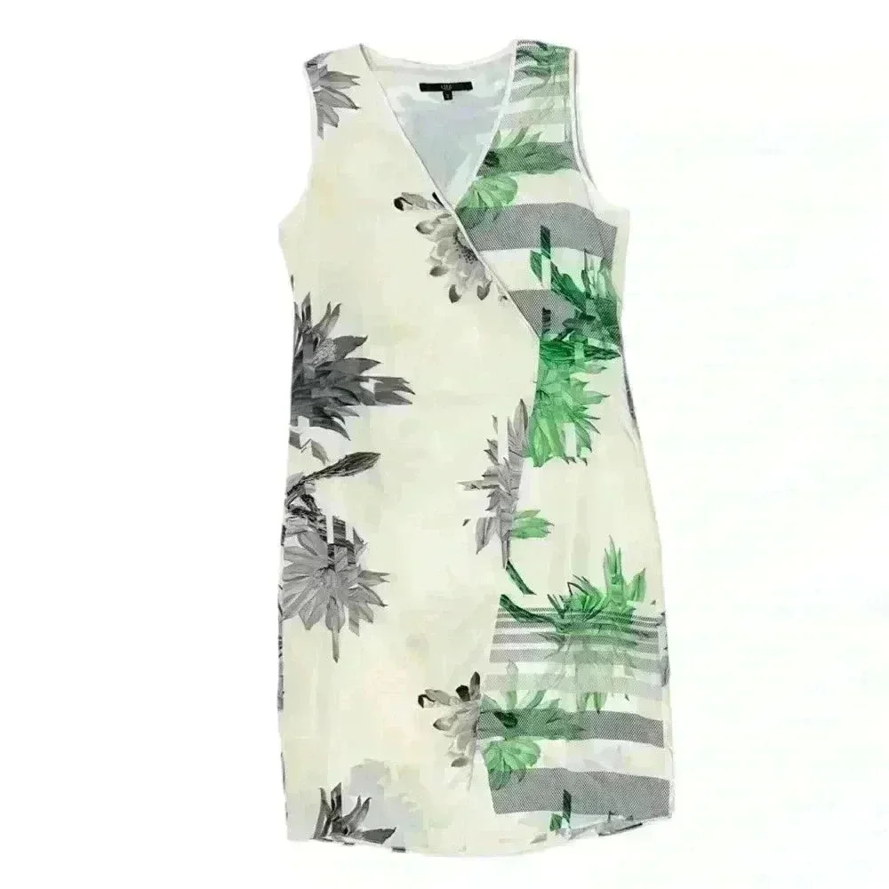 TIBI 100% Silk Floral Sleeveless Faux Wrap Dress in Ivory, Gray and Green. Sz 2